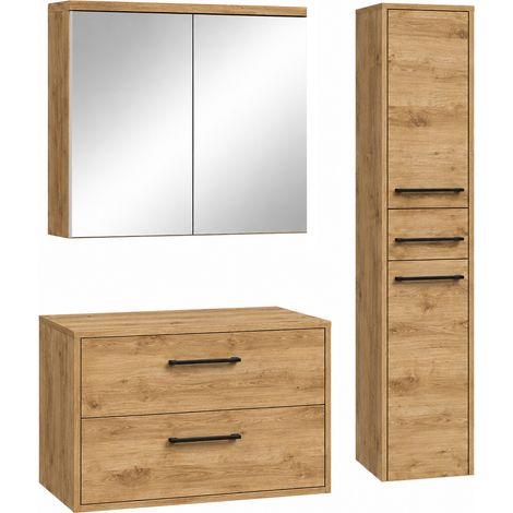 Badplaats Set Mobile Sottolavabo Florence 80 x 46 cm - Rovere Castagno - con Specchio Contenitore e Colonna (1/5)