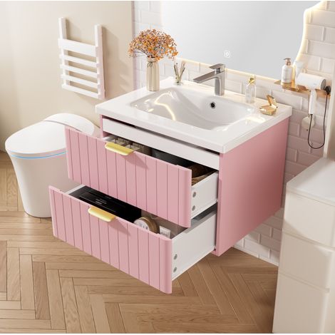 Mobile lavabo sospeso in MDF rosa e bianco con lavabo in ceramica, contenitore a 2 livelli