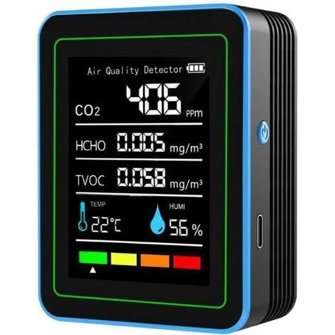 Moniteur de Qualité d'air Intérieur, 5 en 1 Portable Testeur d'air Intelligent pour CO2 COV HCHO Temp Humidité pour Maison, Voitures, Plantes, Animaux de Compagnie, etc (1/5)