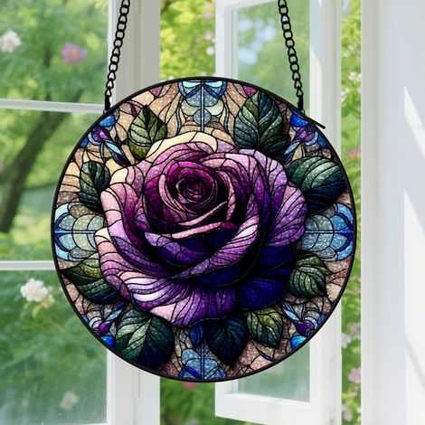 9cm Suspension Vitrail pour Fenêtre, Vitrail Floral Élégant Accroche-Soleil, Décoration de Fenêtre, Cadeau pour Amateurs de Plantes, Cadeaux Romantiques pour Couples, Meilleur Ami, Famille, Collègue,  (1/5)