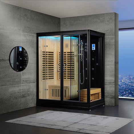 Sauna infrarouge 3 en 1 pour 1 à 2 personnes – Douche moderne – Hammam vapeur 3000W – Panneaux carbone 2000W – Finition Black – Boreal (1/5)