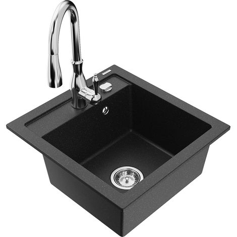 Mexen Vito 1-Becken-Granit-Spüle mit Mischbatterie Savita, Schwarz/Silbermetallic - 6503-73-672601-0