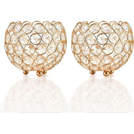Qucover Porte-bougie chauffe-plat en cristal, bougeoir doré, lot de 2, bougeoir décoratif en métal, support de bougie luxueux pour décoration de table, Noël, mariage, fêtes (2x doré, 10 cm de diamètre