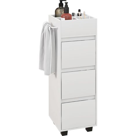 Meuble de rangement pour salle de bain avec 4 compartiments, 3 tiroirs et porte-serviettes, dim. 35 x 30 x 90 cm, blanc (1/5)