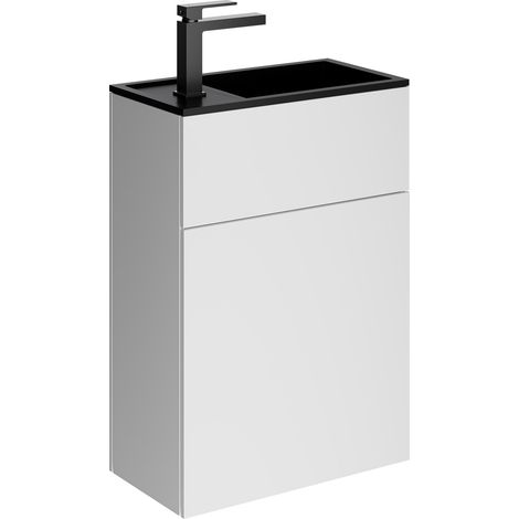 BERNSTEIN - Mueble lavabo suspendido MDF blanco mate, lavabo negro mate + orificio grifería + desagüe, bisagra puerta derecha - 50x26x72cm - KONDA blanco mate, Negro mate