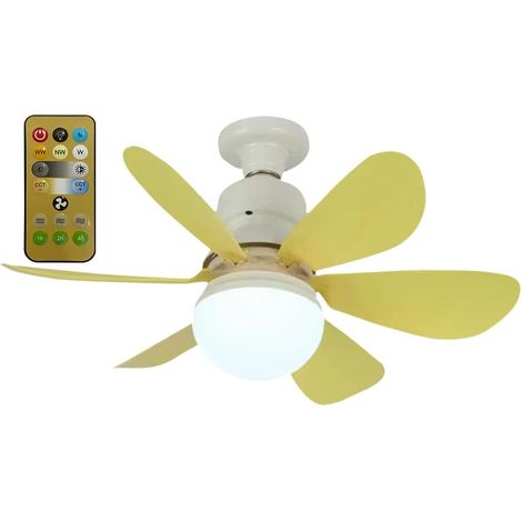 BomKra Ventilateur de Plafond avec Lumière et Télécommande, 30 W Lampe avec Douille E27, LED Dimmable, Faible Bruit, 6 Pales, 3 Vitesses, Minuterie – Jaune 42cm (1/5)