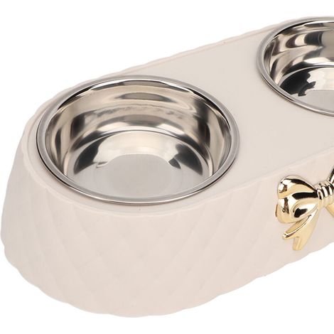 Gamelles doubles antidérapantes en acier inoxydable pour nourriture et eau, avec support décoratif à nœud papillon, pour chien et chat, beige