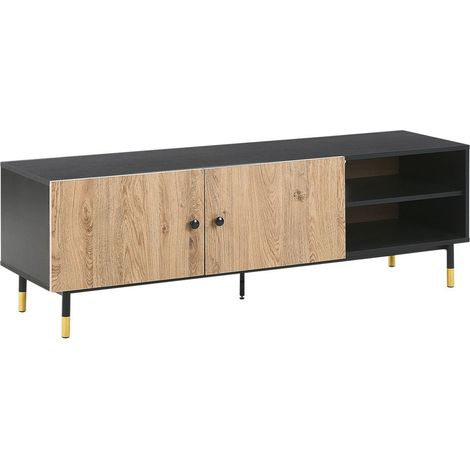 Mueble TV de madera clara tablero de fibra patas de metal negro estantes de almacenamiento Abilen