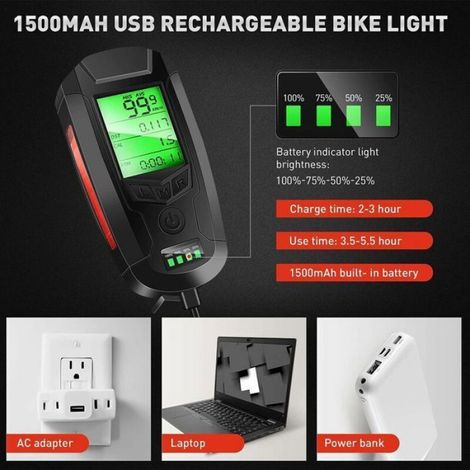 Éclairage Vélo - Compteur Vitesse LCD - Sonnette Haut Décibel - Antivol Alarme - USB Rechargeable - 300 Lm - Étanche - 5 Modes Lumière - 5 Sons Cloche (1/5)