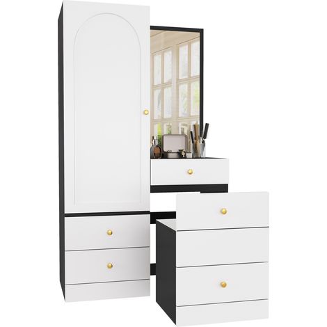 Coiffeuse armoire multifonction avec miroir en pied, tabouret escamotable, 6 compartiments, 3 tiroirs, meuble de rangement MDF noir et blanc  CHICFURN (1/5)