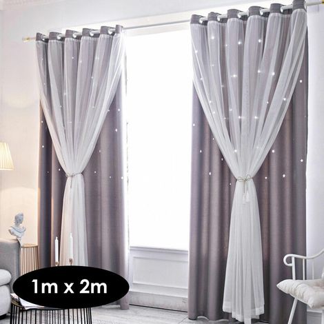 Green Mobility-Rideau en etoile creuse, tissu de rideau occultant complet en fil double couche de dentelle, gris 1 m 2 m une piece (1/4)