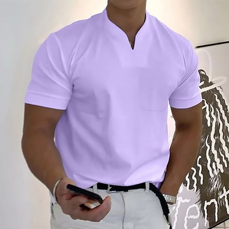 T-shirt d'été pour homme, col V, avec poche en coton, élastique, doux et respirant, manches courtes, violet, taille M. (1/3)