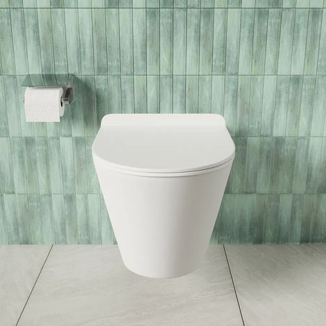 Wc suspendu sans rebord en céramique blanc poli avec abattant Soft-close Mod. Rio