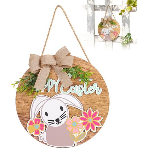 Panneau En Bois De Pâques - Lapin Accrochable Rond 30 Cm - Décoration Porte Mur Entrée - Motif Fleur Et Ruban En Jute - 1 Pièce (1/5)