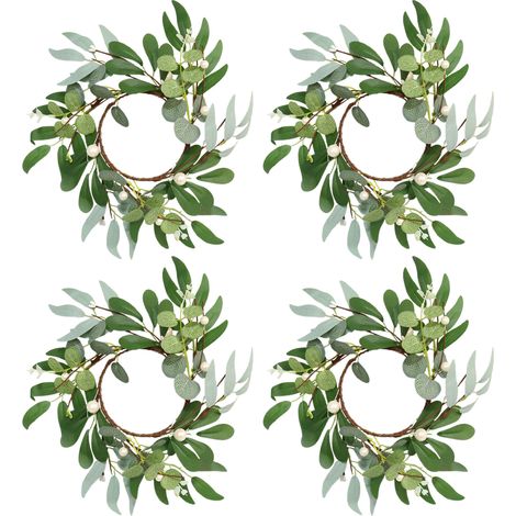 (4er-Set) 4 Perlenkerzenringe mit künstlichen Weidenblättern und Frühlingseukalyptuszweigen, zur Dekoration von Hochzeitsfeiern und Hotelrenovierungen (1/2)