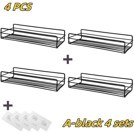 (A-Noir, lot de 4) Étagère de salle de bain, accessoires de salle de bain, étagère de rangement pour shampoing, porte-cosmétiques, étagère métallique sans perçage, organisateur de condiments, étagère (1/5)