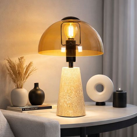 LED Tischleuchte Travertine Stein Pilzform Nachttischlampe Glas amber Beistelllleuchte grau, Metall, 1x 4W 350Lm warmweiß, DxH 20x31 cm