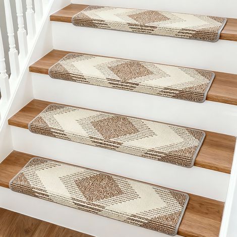 15er Set Bullnose Treppenstufenmatten Rutschfeste Teppich-Stufenmatten selbstklebend  76×24cm,  für Holztreppen, Khaki+Beige