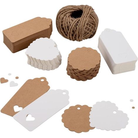 Étiquette cadeau 200PCS étiquette en papier kraft de brun et blanc,Étiquettes vierges en rectangulaire en forme de cœur de ronde,étiquette pour mariage cadeau Noël party,26m Ficelle de jute (1/5)