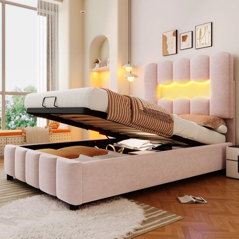 Modernluxe – Lit coffre capitonné 90 x 200 cm – Éclairage LED – Tête de lit réglable – Velours rose – Rangement hydraulique – Matelas non inclus (1/5)