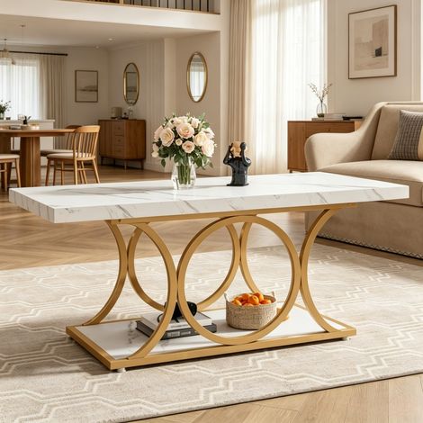 Mesa de centro con almacenaje 120x59,5x48 cm mármol blanco y metal dorado - CHICFURN (1/5)