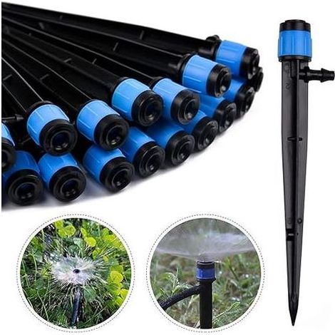 100 goutteurs d'irrigation (bleus), micro-asperseurs réglables à 360 degrés, adaptés aux tuyaux d'irrigation de 1/4 pouce (4-6 mm), pour l'irrigation du jardin, de la serre et de la pelouse. (1/5)