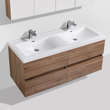 Stano. – Meuble double vasque suspendu 144 cm – Plan en marbre blanc – 4 tiroirs avec fermeture silencieuse – Noyer mélaminé (1/5)