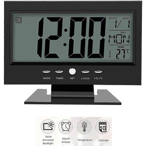 Réveil de bureau noir avec affichage de la date, de la température et du calendrier. (1/5)