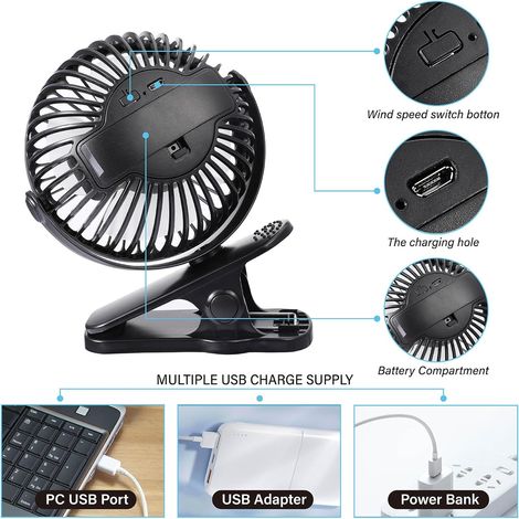 Ventilateur pince USB portable, mini ventilateur rotation 360° maison bureau voyage (1/5)