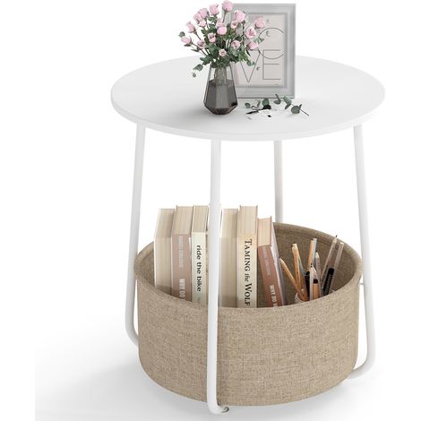 COSTWAY Round Side Table 2-Tier End Table with Fabric Storage Basket-White (1/5)