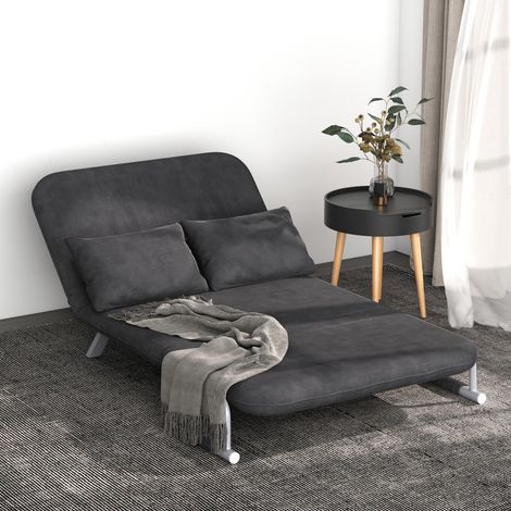 Divano Letto 2 Posti con Schienale Regolabile in 5 Livelli, Divano Letto Matrimoniale Pieghevole con 2 Cuscini per Soggiorno, in Finta Pelle Scamosciata e Acciaio, 111x80x78 cm, Grigio (1/5)