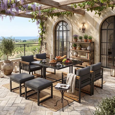 Creahappy Salon de Jardin 6 Places Table 117x117 cm Verre Trempé et 6 Assises - Gain de Place - Métal et Bois Composite - Anthracite (1/5)