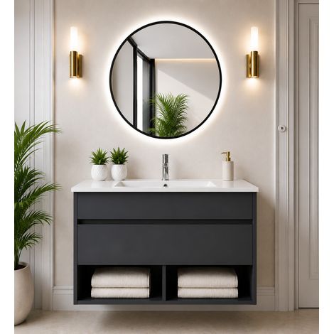 Wall-hung bathroom cabinet with ultra-slim basin ORIGENBATH NEBARI with drawer without mirror 90x45 cm graphite (1/5)