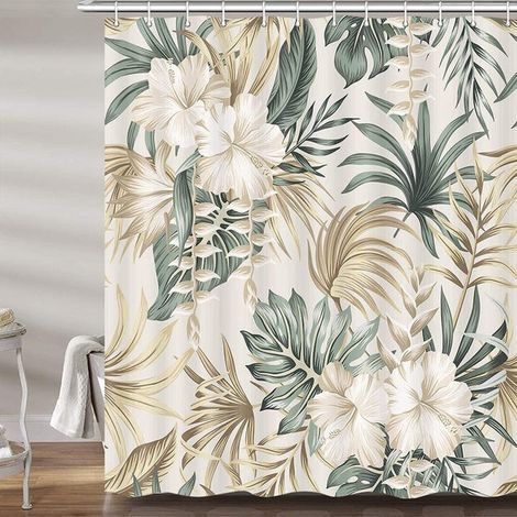 royaluxe - Rideau de douche à motif floral, ensemble de rideaux de douche en tissu beige vert sauge, accessoires de salle de bain avec crochets (180 x 180 cm) (1/5)