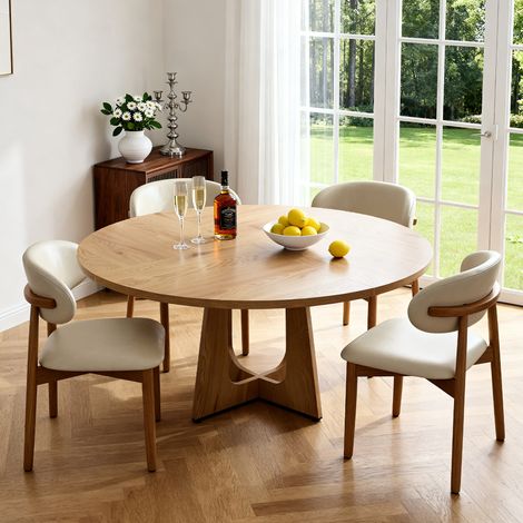 Ensemble de salle à manger rond modulaire composé d'une table et de quatre chaises, plateau en MDF plaqué chêne, chaises en chêne massif plaqué bois naturel, idéal pour le salon et la salle à manger.