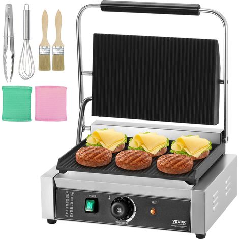 VEVOR Piastra Elettrica per Panini Professionale, 2200 W, in Acciaio Inox con Maniglia e Controllo della Temperatura, Piastra Smaltata Scanalata Completa da 34 x 23 cm, per Bistecche, Pancetta (1/5)