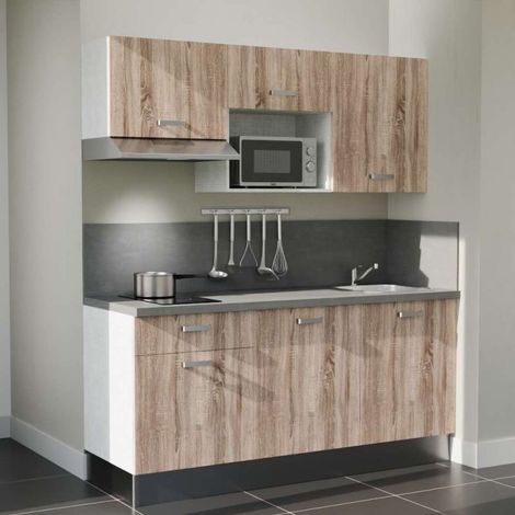Kitchenette K30L-PT - 180 cm - plan stratifié, évier inox, - Façade Bois - Plan Gris béton - Evier Inox - Crédences Oui + Electroménager inclus coloris Inox