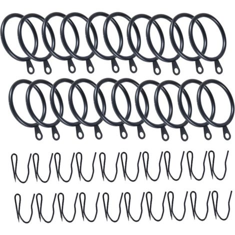 Lot de 20 anneaux de rideaux avec 38 mm de diamètre intérieur et crochets, anneaux durables pour tringles de fenêtre, Noir (1/5)