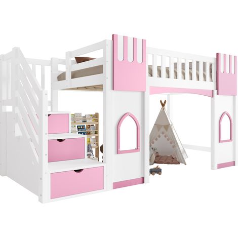 Cama alta infantil 90x200 cm de MDF y pino blanca y rosa con escalera de almacenaje (1/5)