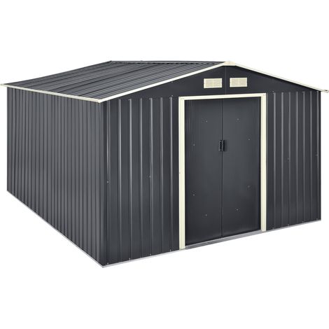 Caseta de jardín 277 x 319 x 192 cm techo a dos aguas chapa de acero galvanizada gris oscuro 030007174 (1/5)