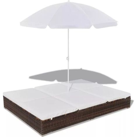 Lit de jardin réglable avec parasol résine tressée marron Uvo (1/5)
