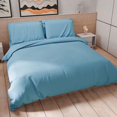 Parure de lit 1 Place et demie 200 x 200 cm 2 taies d'oreiller 80 x 80 cm incluses, Housse de Couette Douce en Microfibre Couleur Unie Bleu Clair (1/5)