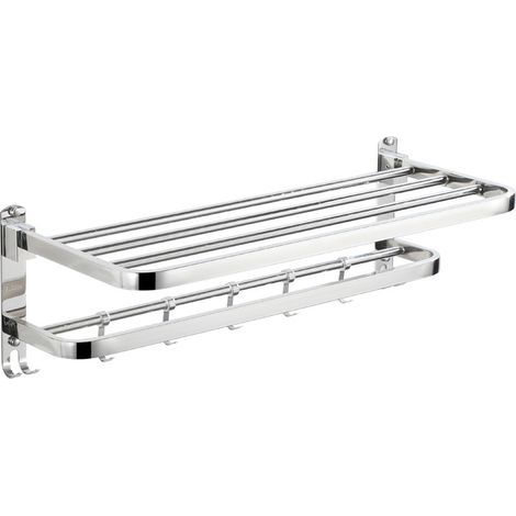Toallero plegable de doble capa de 60 cm, de acero inoxidable para montaje en pared, toallero multifuncional con 5 ganchos para baño - Plateado (1/2)
