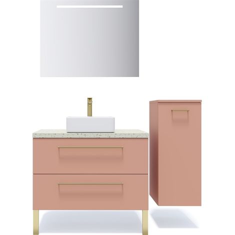 Meuble de salle de bain suspendu vasque à poser 90cm 2 tiroirs Abricot + miroir + colonne ouverture droite - Glasgow (1/5)