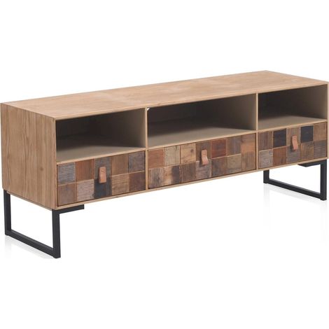 Meuble tv bois recyclé et métal style vintage naturel - Bois naturel patchwork multicolore (1/5)