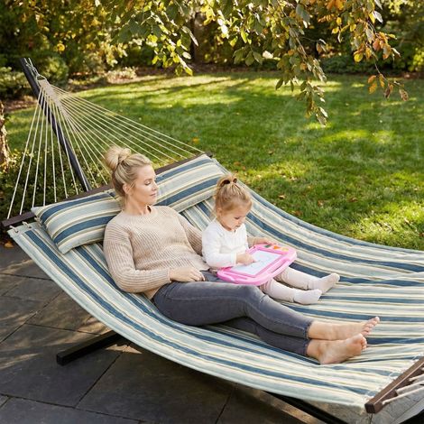 Hamac sur pied 353 cm avec support acier – Coussin amovible – Charge maximale 120 kg – Barres d'écartement pour stabilité (1/5)