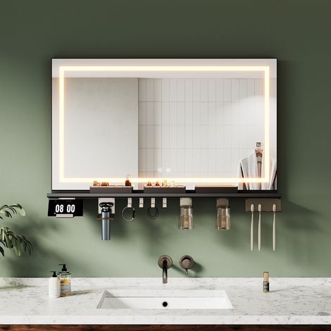 SIRHONA 100×60cm Miroir lumineux de salle de bain avec étagère de rangement, antibuée, éclairage 3 couleurs, éclairage réglable, bande lumineuse 4 côtés
