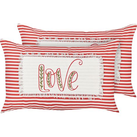 Conjunto de 2 cojines decorativos funda de algodón motivo a rayas rojo y blanco 30 x 50 cm Alsine