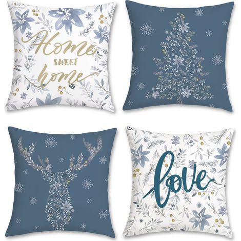 Lot de 4 Housse de Coussin Hiver 45 x 45 cm Feuilles et Fleurs Gris Bleu Velours Doux Home Sweet Home Décoratif Taie d'oreiller pour Canapé Lits Chaises Voiture Maison Décor (1/5)