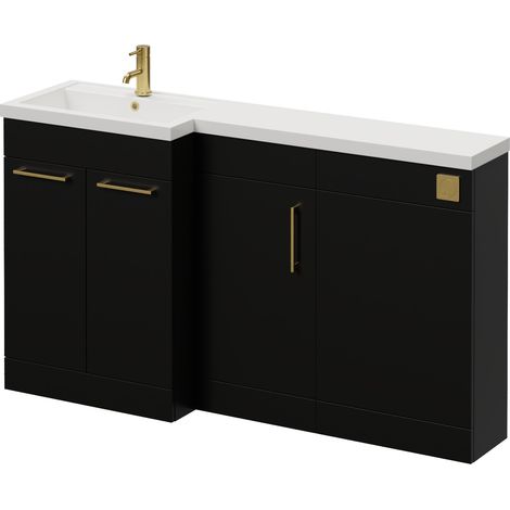 Napoli 390 Matt Black 1500mm 3 Door Vanity Unit Toilet Suite with Left Hand Square Lucia Basin - 1500mm - Brushed Brass 160mm HandleWithout Kingston Toilet Pan